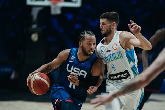 USA V Slovenia - Torneo Ciudad De Malaga. Jalen Brunson of USA Team in action during the Torneo Ciudad de Malaga, basketball match played between USA and Slovenia on August 12, 2023, in Malaga, Spain. Malaga Spain  Copyright: xJonxImanolxReinox originalFilename:reinorenon-usavslov230812_npbvy.jpg