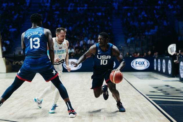 USA V Slovenia - Torneo Ciudad De Malaga. Anthony Edwards and Jaren Jackson Jr. of USA Team in action during the Torneo Ciudad de Malaga, basketball match played between USA and Slovenia on August 12, 2023, in Malaga, Spain. Malaga Spain  Copyright: xJonxImanolxReinox originalFilename:reinorenon-usavslov230812_npIdI.jpg