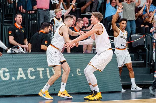 Cheering after goal Moritz Wagner Germany, 13 , David Kraemer Germany, 44 Germany vs Canada, Basketball, DBB Supercup, Final, 13 08 2023 Germany vs Canada, Basketball, DBB Supercup, Final, 13 08 2023 Hamburg Copyright: xEibner-Pressefoto MarcelxvonxFehrnx EP_MFN