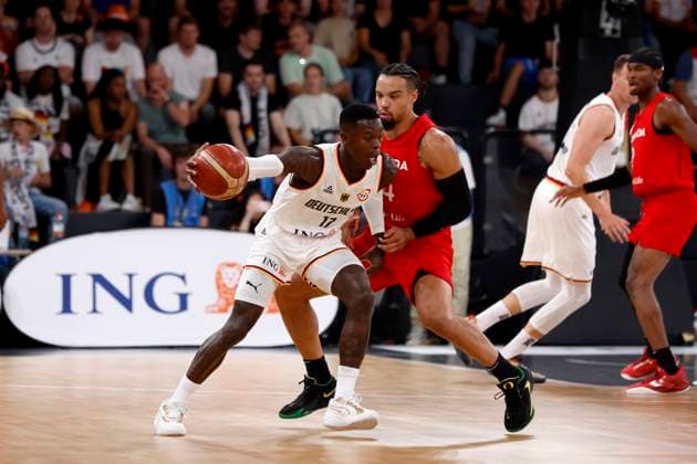 13 08 2023, German Basketball Federation, Supercup 2023, Hamburg, edel optics de Arena, Final, Germany Canada, Dennis Schröder GER, No17 , Dillon Brooks CAN, No24 Hamburg edel optics de Arena Hamburg Germany