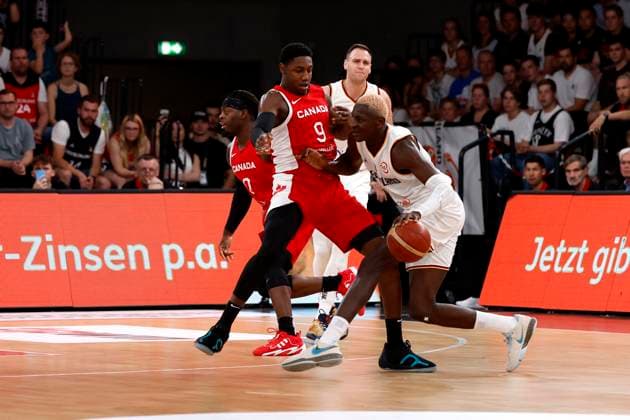13 08 2023, German Basketball Federation, Supercup 2023, Hamburg, edel optics de Arena, Final, Germany Canada, Rj Barrett, CAN, No9 , Isaac Bonga GER, No0 Hamburg edel optics de Arena Hamburg Germany