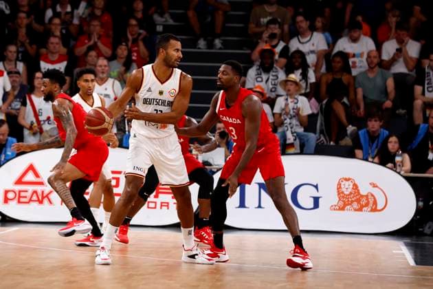 13 08 2023, German Basketball Federation, Supercup 2023, Hamburg, edel optics de Arena, Final, Germany Canada, Johannes Thiemann GER, No32 , Melvin Ejim CAN No3 Hamburg edel optics de Arena Hamburg Germany