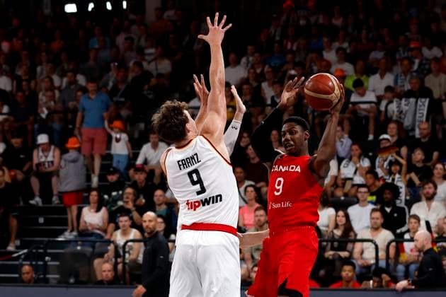 13 08 2023, German Basketball Federation, Supercup 2023, Hamburg, edel optics de Arena, Final, Germany Canada, Rj Barrett, CAN, No9 , Franz Wagner GER, No9 Hamburg edel optics de Arena Hamburg Germany