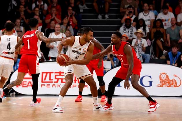 13 08 2023, German Basketball Federation, Supercup 2023, Hamburg, edel optics de Arena, Final, Germany Canada, Johannes Thiemann GER, No32 , Melvin Ejim CAN No3 Hamburg edel optics de Arena Hamburg Germany