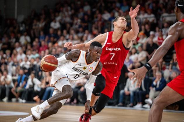 Basketball Hamburg 13 08 2023 DBB Mens National Team International Match Test Match Supercup Germany GER Canada CAN Dennis Schröder Schroeder Germany, No 17 Schröder Schroder Dwight Powell Canada, No 07