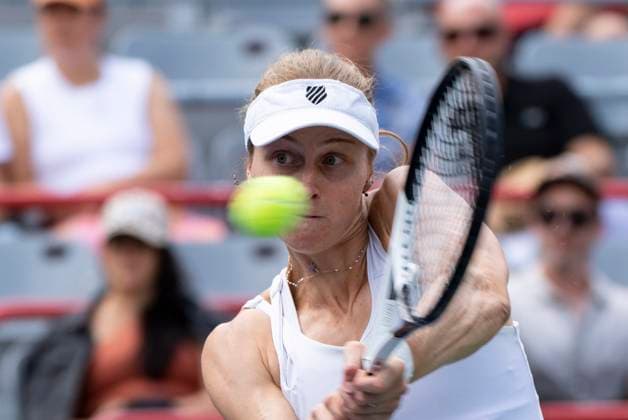 August 13, 2023, MONTREAL, PQ, Canada: Liudmila Samsonova of Russia, hits a return to Elena Rybakina of Kazakhstan, during semifinal action at the National Bank Open tennis tournament in Montreal, Sunday, Aug. 13, 2023. Canada News - August 13, 2023  - ZUMAc35_ 20230813_zaf_c35_010 Copyright: xChristinnexMuschix