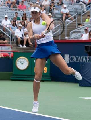 August 13, 2023, MONTREAL, PQ, Canada: Liudmila Samsonova of Russia, hits a return to Elena Rybakina of Kazakhstan, during semifinal action at the National Bank Open tennis tournament in Montreal, Sunday, Aug. 13, 2023. Canada News - August 13, 2023  - ZUMAc35_ 20230813_zaf_c35_012 Copyright: xChristinnexMuschix