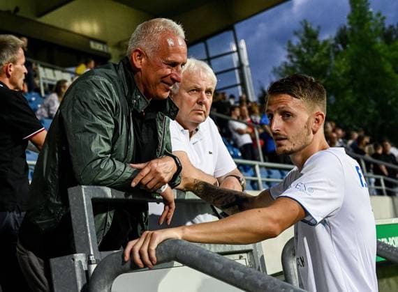 13 08 2023, xpsx, football DFB Pokal 1 round, FSV Frankfurt FC Hansa Rostock v l coach Christian Neidhart Offenbacher Kickers with his son Nico Neidhart FC Hansa Rostock DFL DFB REGULATIONS PROHIBIT ANY USE OF PHOTOGRAPHS as IMAGE SEQUENCES and or QUASI VIDEO emspor Frankfurt