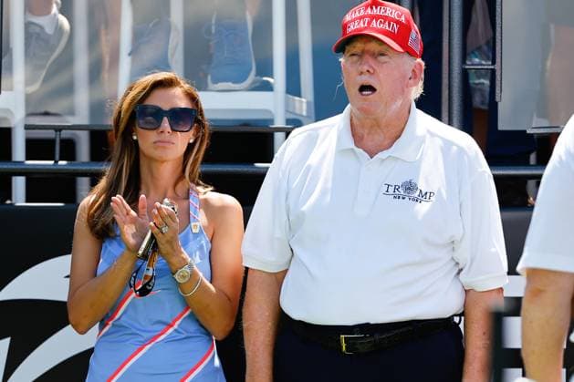 BEDMINSTER, NJ - AUGUST 13: Former President Donals J. Trump at the first tee during the final round of LIV Golf Bedminster on August 13, 2023 at Trump National Golf Club in Bedminster, New Jersey. (Photo by Rich Graessle Icon Sportswire) GOLF: AUG 13 LIV Golf Bedminster EDITORIAL USE ONLY Icon23081322563