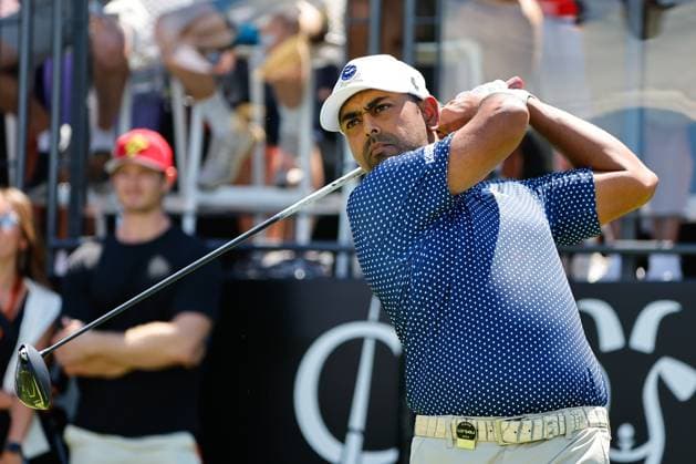 BEDMINSTER, NJ - AUGUST 13: Anirban Lahiri of Crushers GC tees off at the first tee during the final round of LIV Golf Bedminster on August 13, 2023 at Trump National Golf Club in Bedminster, New Jersey. (Photo by Rich Graessle Icon Sportswire) GOLF: AUG 13 LIV Golf Bedminster EDITORIAL USE ONLY Icon23081322569