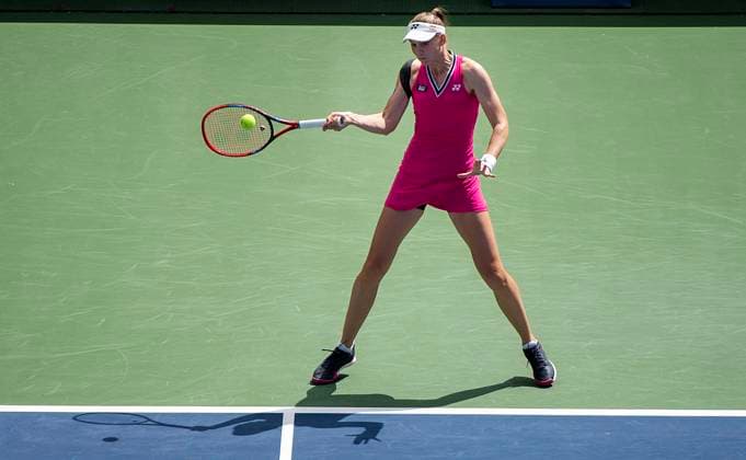 August 13, 2023, Montreal, PQ, Canada: Elena Rybakina from Kazakhstan hits a return to Liudmila Samsonova from Russia during semifinal action at the National Bank Open tennis tournament in Montreal, Sunday, Aug. 13, 2023. Liudmila Samsonova, Elena Rybakina,  - ZUMAc35_ 20230813_zaf_c35_018 Copyright: xGrahamxHughesx