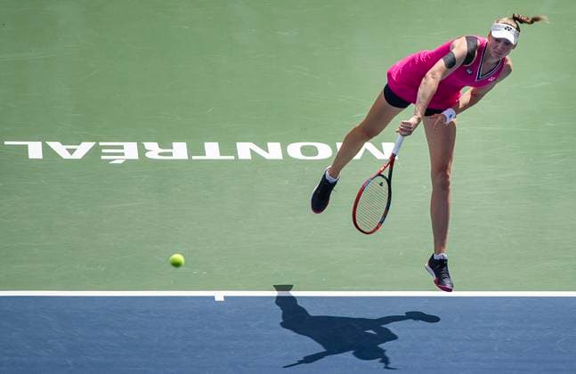 August 13, 2023, Montreal, PQ, Canada: Elena Rybakina from Kazakhstan serves to Liudmila Samsonova from Russia during semifinal action at the National Bank Open tennis tournament in Montreal, Sunday, Aug. 13, 2023. Liudmila Samsonova, Elena Rybakina,  - ZUMAc35_ 20230813_zaf_c35_019 Copyright: xGrahamxHughesx