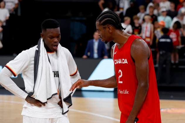 13 08 2023, German Basketball Federation, Supercup 2023, Hamburg, edel optics de Arena, final, Germany Canada, Dennis Schröder GER, No17 , Shai Gilgeous Alexander CAN, No2 entertain themselves Hamburg edel optics de Arena Hamburg Germany