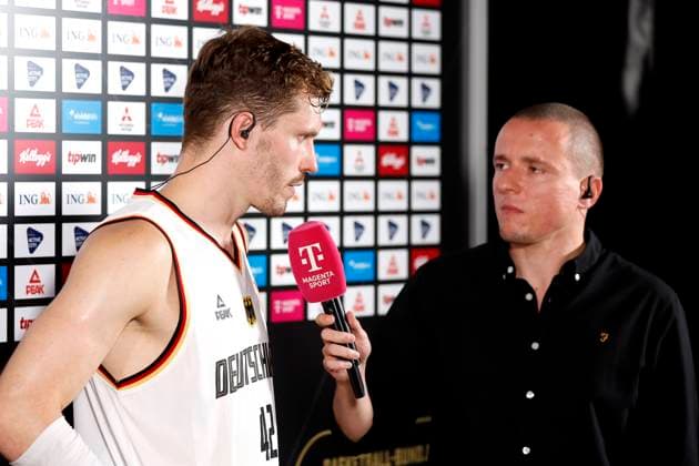 13 08 2023, German Basketball Federation, Supercup 2023, Hamburg, edel optics de Arena, finals, Germany Canada, Anderas Obst GER, No42 interview with Benni Zander, Magenta Sport Hamburg edel optics de Arena Hamburg Germany