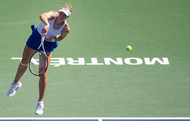 August 13, 2023, Montreal, PQ, Canada: Liudmila Samsonova from Russia serves to Elena Rybakina from Kazakhstan during semifinal action at the National Bank Open tennis tournament in Montreal, Sunday, August 13, 2023. Liudmila Samsonova, Elena Rybakina,  - ZUMAc35_ 20230813_zaf_c35_037 Copyright: xGrahamxHughesx