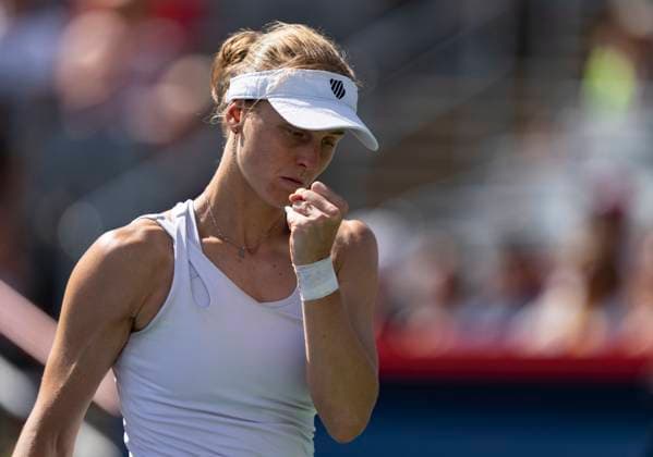 August 13, 2023, MONTREAL, PQ, Canada: Liudmila Samsonova of Russia, reacts during her game against Elena Rybakina of Kazakhstan, during semifinal action at the National Bank Open tennis tournament in Montreal, Sunday, Aug. 13, 2023. Canada News - August 13, 2023  - ZUMAc35_ 20230813_zaf_c35_036 Copyright: xChristinnexMuschix