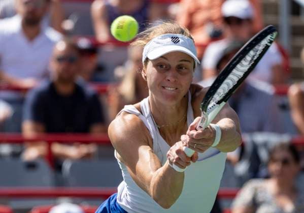 August 13, 2023, MONTREAL, PQ, Canada: Liudmila Samsonova of Russia, hits a return to Elena Rybakina of Kazakhstan, during semifinal action at the National Bank Open tennis tournament in Montreal, Sunday, Aug. 13, 2023. Canada News - August 13, 2023  - ZUMAc35_ 20230813_zaf_c35_041 Copyright: xChristinnexMuschix