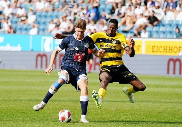 Photo Manuel Geisser 13 08 2023 football men Super League season 2023 2024 FC Luzern BSC Young Boys Lars Villiger FC Luzern against Mohamed Ali Camara YB r action duel