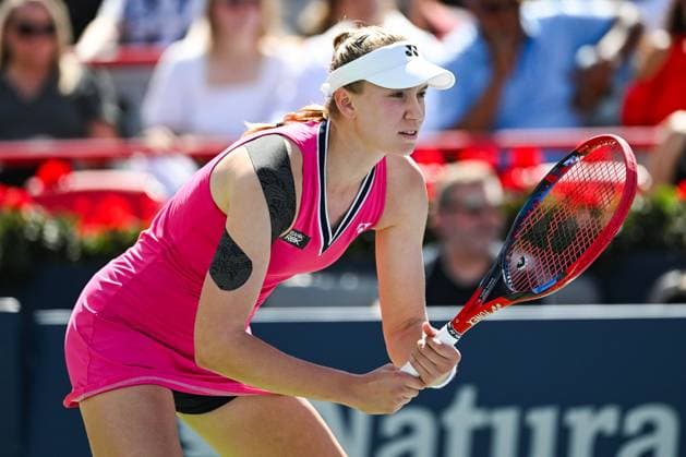 MONTREAL, QC - AUGUST 13: Elena Rybakina (KAZ) waits for service during semi final at WTA, Tennis Damen National Bank Open on August 13, 2023 at IGA Stadium in Montreal, QC (Photo by Icon Sportswire) TENNIS: AUG 13 National Bank Open EDITORIAL USE ONLY Icon230813026