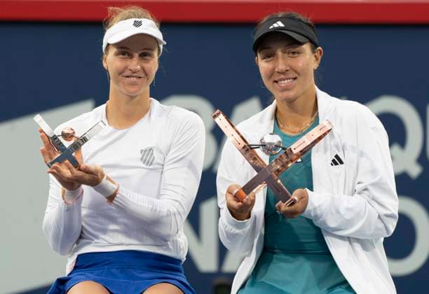 August 13, 2023, MONTREAL, PQ, Canada: Jessica Pegula of the United States, right and Liudmila Samsonova of Russia, hold their trophies following the final of the National Bank Open tennis tournament in Montreal, Sunday, Aug.13, 2023. Canada News - August 13, 2023  - ZUMAc35_ 20230813_zaf_c35_116 Copyright: xChristinnexMuschix