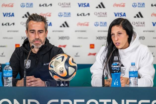 230814 Head coach Jorge Vilda and Jennifer Hermoso of the Spanish women s national football team at a press conference during the FIFA Women s World Cup on August 14, 2023 in Auckland Photo Mathias Bergeld BILDBYRAN code MB MB0692 football soccer football soccer soccer world cup world cup world cup fifa womens world cup press conference press conference spain spain 26 dam bbeng  Copyright: MATHIASxBERGELD BB230814MB072