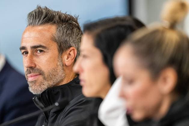 230814 Head coach Jorge Vilda and Jennifer Hermoso of the Spanish women s national football team at a press conference during the FIFA Women s World Cup on August 14, 2023 in Auckland Photo Mathias Bergeld BILDBYRAN code MB MB0692 football soccer football soccer soccer world cup world cup world cup fifa womens world cup press conference press conference spain spain 26 dam bbeng  Copyright: MATHIASxBERGELD BB230814MB075