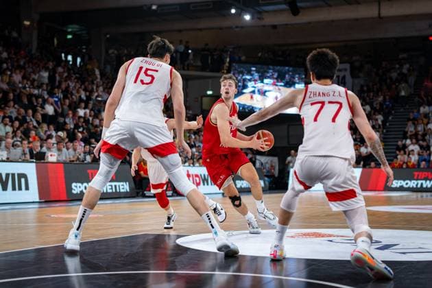 Basketball Hamburg 12 08 2023 DBB Mens National Team International Match Test Match Supercup Germany GER China CHN Franz Wagner Germany, No 09 Zhou Qi China, No 15 Zhang Zhen Lin China, No 77