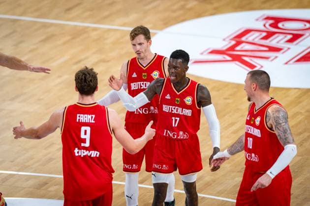 Basketball Hamburg 12 08 2023 DBB national mens team international match test match Supercup Germany GER China CHN Franz Wagner Germany, No 09 Dennis Schröder Schroeder Germany, No 17 Schröder Schroder Andreas Obst Germany, No 42 Daniel Theis Germany, No 10 cheer