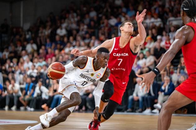 Basketball Hamburg 13 08 2023 DBB Mens National Team International Match Test Match Supercup Germany GER Canada CAN Dennis Schröder Schroeder Germany, No 17 Schröder Schroder Dwight Powell Canada, No 07