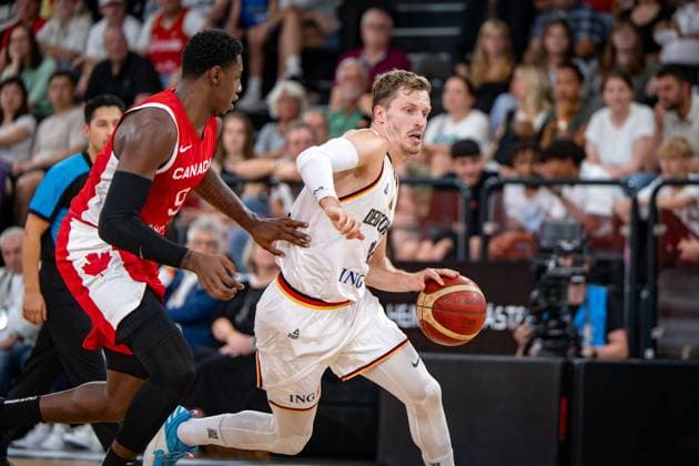 Basketball Hamburg 13 08 2023 DBB Mens National Team International Match Test Match Supercup Germany GER Canada CAN Andreas Obst Germany, No 42 RJ Barrett Canada, No 09