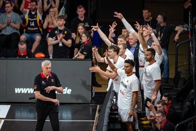 Basketball Hamburg 13 08 2023 DBB national team men international match test match Supercup Germany GER Canada CAN cheer Germany Maodo Lo Germany, No 04 Franz Wagner Germany, No 09 Johannes Thiemann Germany, No 32 and others