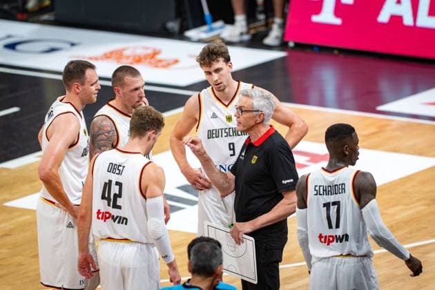 Basketball Hamburg 13 08 2023 DBB national mens team international match test match Supercup Germany GER Canada CAN Gordon Herbert Germany, national coach Johannes Voigtmann Germany, No 07 Andreas Obst Germany, No 42 Daniel Theis Germany, No 10 Franz Wagner Germany, No 09 Dennis Schröder Schroeder Germany, No 17 Schröder Schroder
