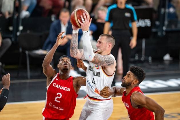 Basketball Hamburg 13 08 2023 DBB Mens National Team International Match Test Match Supercup Germany GER Canada CAN Daniel Theis Germany, No 10 Shai Gilgeous Alexander Canada, No 02 Kyle Alexander Canada, No 11