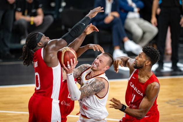 Basketball Hamburg 13 08 2023 DBB Mens National Team International Match Test Match Supercup Germany GER Canada CAN Daniel Theis Germany, No 10 Luguentz Dort Canada, No 00 Kyle Alexander Canada, No 11