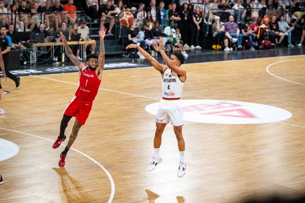 Basketball Hamburg 13 08 2023 DBB national mens team international match test match Supercup Germany GER Canada CAN Maodo Lo Germany, No 04 Nickeil Alexander Walker Canada, No 01