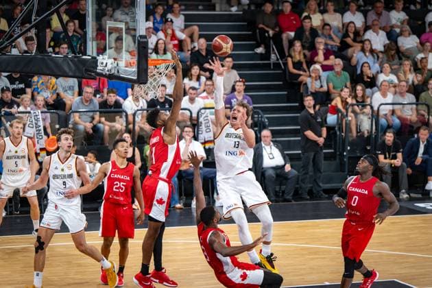 Basketball Hamburg 13 08 2023 DBB national mens team international test match Supercup Germany GER Canada CAN Moritz Wagner Germany, No 13 Melvin Ejim Canada, No 03 Kyle Alexander Canada, No 11 Luguentz Dort Canada, No 00