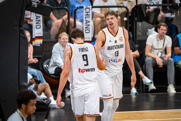 Basketball Hamburg 13 08 2023 DBB national men team international match test match Supercup Germany GER Canada CAN Moritz Wagner Germany, No 13 Franz Wagner Germany, No 09 brothers