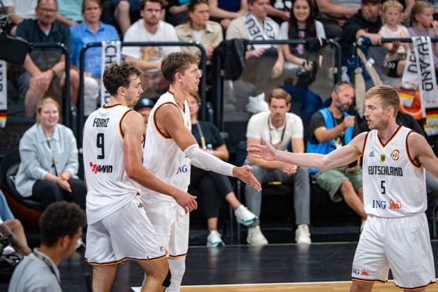 Basketball Hamburg 13 08 2023 DBB national mens team international test match Supercup Germany GER Canada CAN Moritz Wagner Germany, No 13 Franz Wagner Germany, No 09 brothers Nils Giffey Germany, No 05