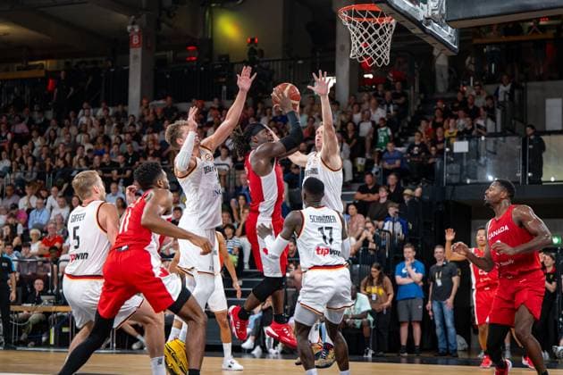 Basketball Hamburg 13 08 2023 DBB National Team Men International Match Test Match Supercup Germany GER Canada CAN Luguentz Dort Canada, No 00 Moritz Wagner Germany, No 13 Johannes Voigtmann Germany, No 07 Dennis Schröder Schroeder Germany, No 17 Schröder Schroder