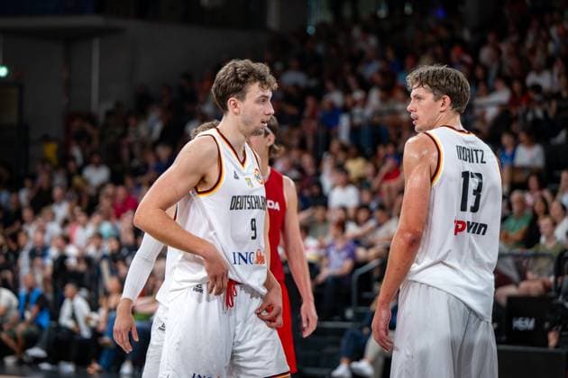 Basketball Hamburg 13 08 2023 DBB national men team international match test match Supercup Germany GER Canada CAN Moritz Wagner Germany, No 13 Franz Wagner Germany, No 09 brothers