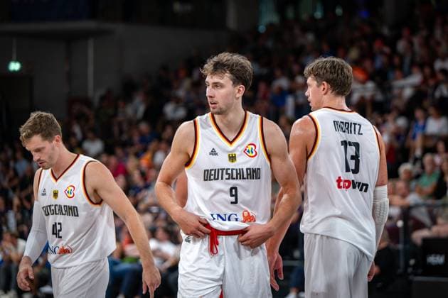 Basketball Hamburg 13 08 2023 DBB national men team international match test match Supercup Germany GER Canada CAN Moritz Wagner Germany, No 13 Franz Wagner Germany, No 09 brothers Andreas Obst Germany, No 42