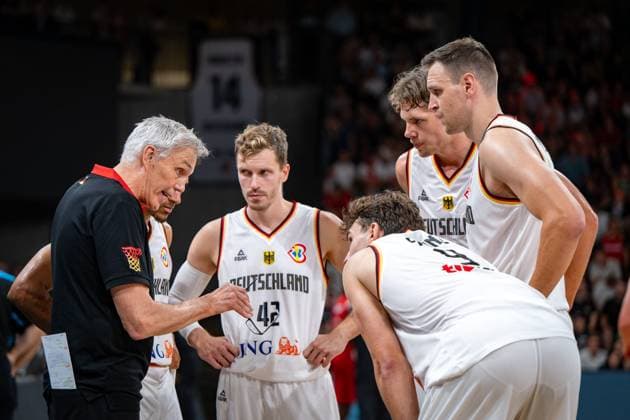 Basketball Hamburg 13 08 2023 DBB national mens team international match test match Supercup Germany GER Canada CAN Gordon Herbert Germany, national coach Andreas Obst Germany, No 42 Franz Wagner Germany, No 09 Moritz Wagner Germany, No 13 Johannes Voigtmann Germany, No 07