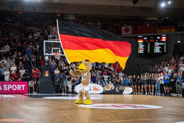 Basketball Hamburg 13 08 2023 DBB national team men international match test match Supercup Germany GER Canada CAN DBB mascot Arnold Germany flag