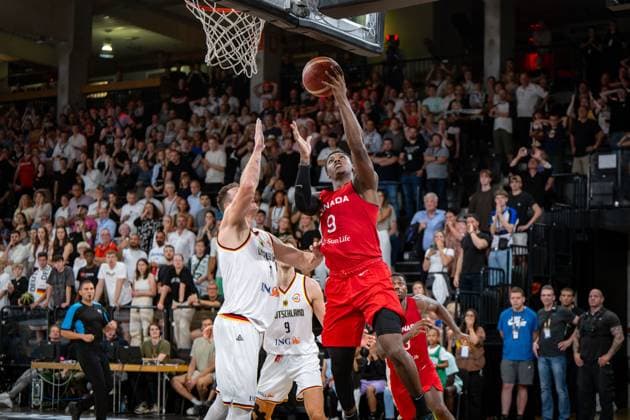Basketball Hamburg 13 08 2023 DBB Mens National Team International Match Test Match Supercup Germany GER Canada CAN RJ Barrett Canada, No 09 Johannes Voigtmann Germany, No 07