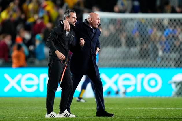 Spain v Sweden: Semi Final - FIFA Women s World Cup Australia & New Zealand 2023 Luis Rubiales and Jorge Vilda head coach of Spain celebrate victory after the FIFA Women s World Cup Australia & New Zealand 2023 Semi Final match between Spain and Sweden at Eden Park on August 15, 2023 in Auckland, New Zealand. Auckland New Zealand  Copyright: xJosexBretonx originalFilename:breton-spainvsw230815_npA7H.jpg