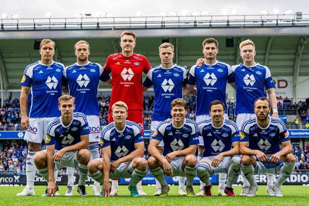 230815 The starting eleven of Molde, from the top left Martin Bjornbak, Martin Ellingsen, Jacob Karlstrom, Eirik Haugan, Kristoffer Haugen, Ola Brynhildsen, Sivert Mannsverk, Kristian Eriksen, Emil Breivik, Martin Linnes and Magnus Wolff Eikrem poses for a team group photo ahead of the UEFA Champions League Qualifying match between Molde and Klaksvik on August 15, 2023 in Molde Photo Marius Simensen BILDBYRAN Cop 238 bbeng football fotball fotboll fotboll klaksvik mfk molde uefa champions league Copyright: MARIUSxSIMENSEN BB230815ZU003