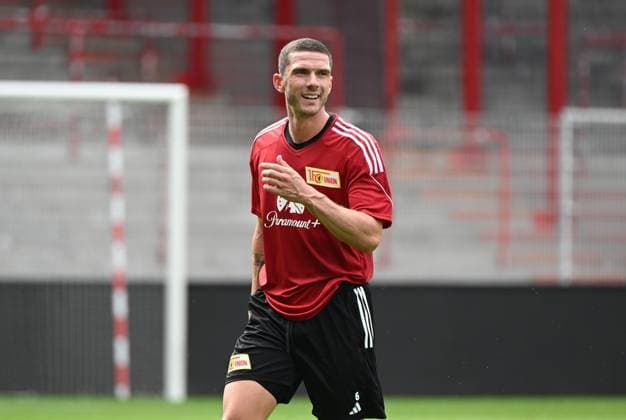 Football, men, season 2023 2024, 1 Bundesliga, 1 FC Union Berlin, training at the stadium An der Alten Försterei, Robin Gosens 1 FC Union Berlin , 16 08 2023, Copyright: xMatthiasxKochx