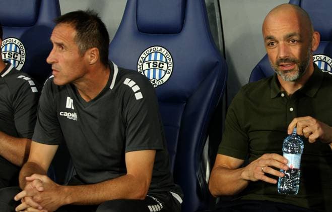 15.08.2023 Backa Topola(Serbia) TSC Backa Topola Topolya-SC Braga third qualifying round Champions League men s football Drazen Bolic (L) assistant coach,Zarko Lazetic(R) TSC Backa Topola coach :