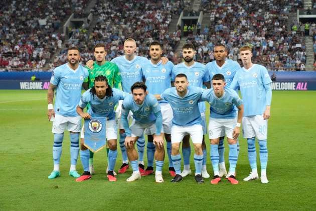 UEFA Super Cup 2023: Manchester City vs. Sevilla Manchester City pose for the team picture during the UEFA Super Cup match between Manchester City and Sevilla on August 16 2023, in Piraeus, Greece Piraeus Karaiskakis Stadium Athens Greece Copyright: xAlexandraxFechetex _ADR2429A