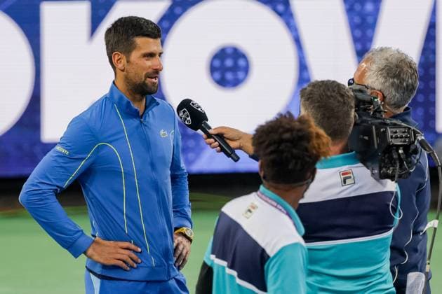 Sport Bilder des Tages August 16, 2023, Mason, Ohio, USA: Novak Djokovic (SRB) is interviewed after his win when Alejandro Davidovich Fokina (ESP) retired before the end of the match with an injury in WednesdayÃ¢â‚¬â ¢s round of the Western and Southern Open at the Lindner Family Tennis Center, Mason, Oh. Mason USA - ZUMAs304 20230816_zaf_s304_179 Copyright: xScottxStuartx